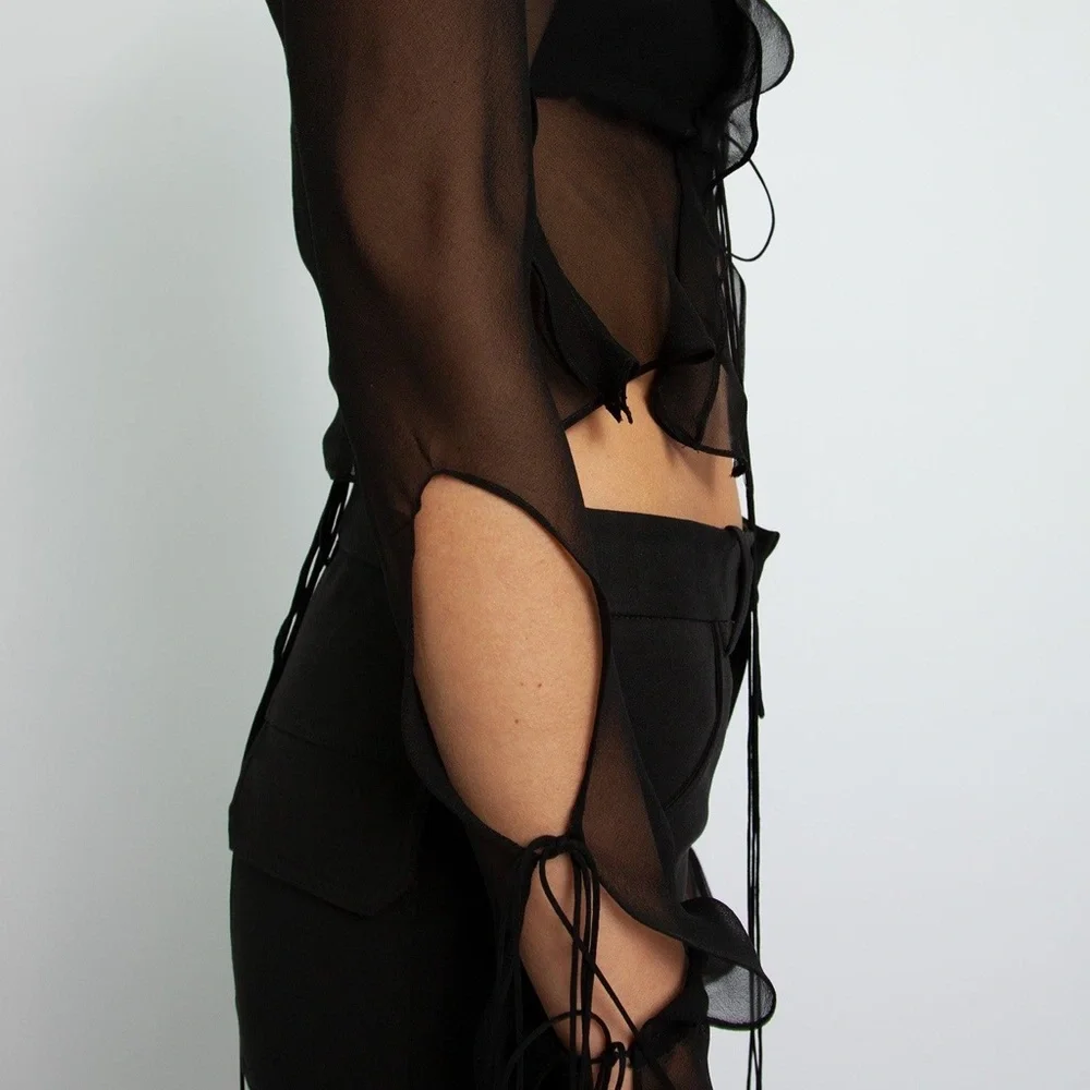 Christopher Esber Ruffled Tie Silk Shirt AU size 6 Black NWT - Picture 3 of 10